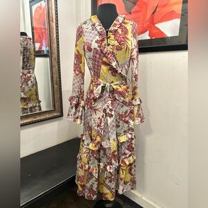 Alexis Brown and Yellow Wrap Sundress with Bell Sleeves